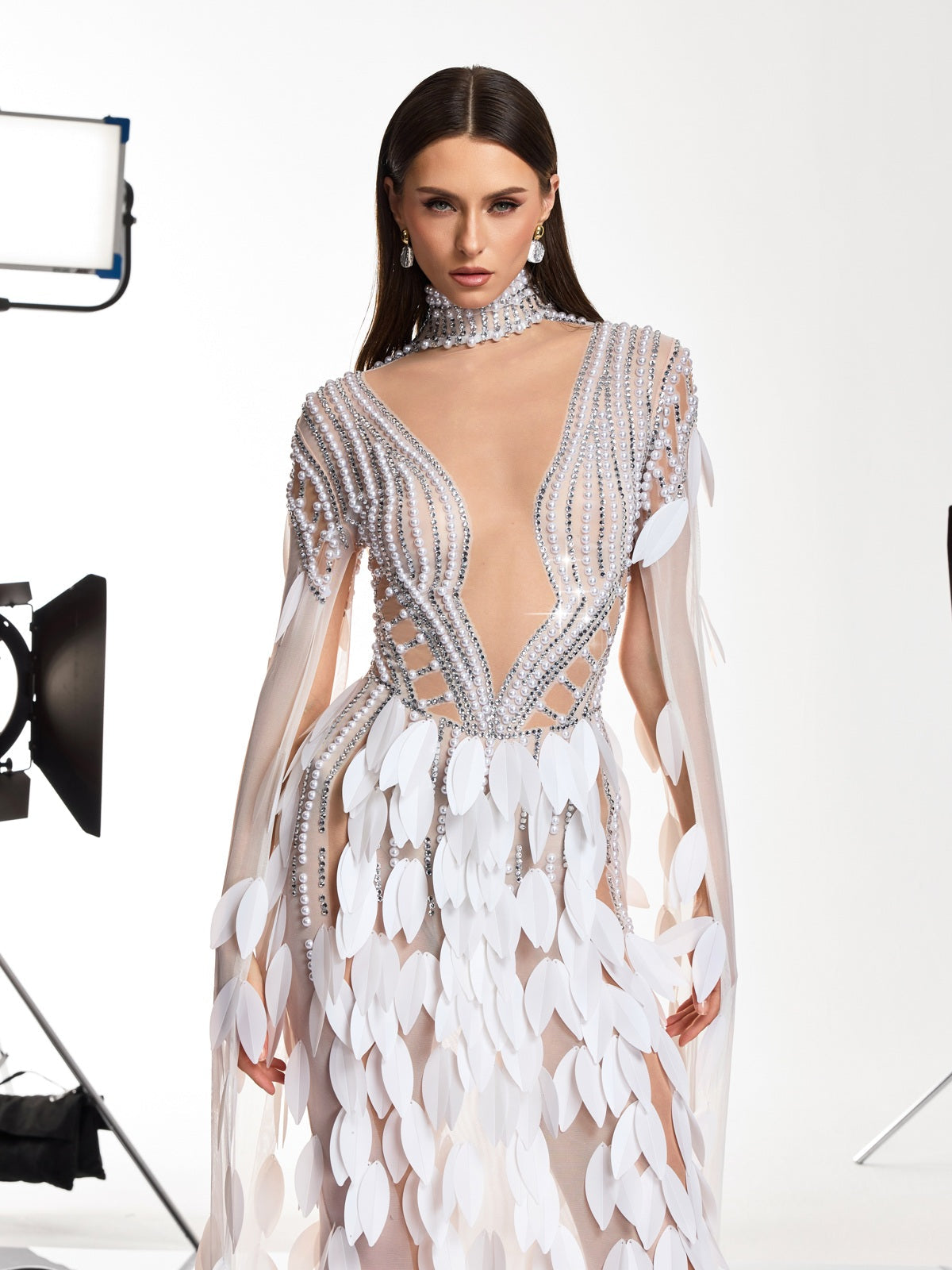 Velune Cape Sleeve Leaf Embellished Maxi Dress