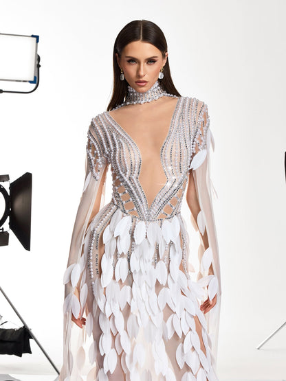 Velune Cape Sleeve Leaf Embellished Maxi Dress