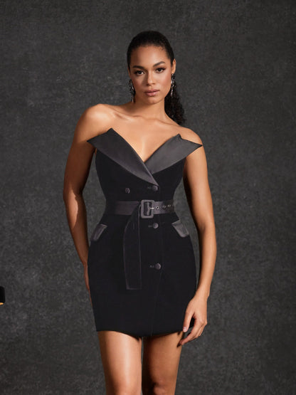 Rosstef Velvet V Neck Mini Dress
