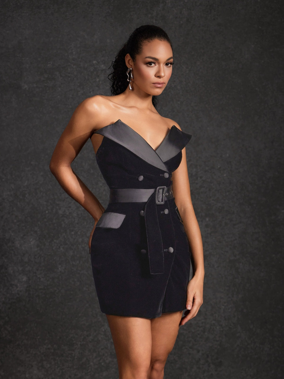 Rosstef Velvet V Neck Mini Dress