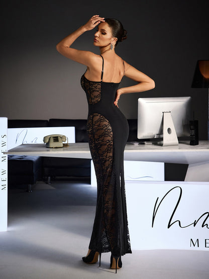 Velyxra Spaghetti Lace Maxi Dress In Black