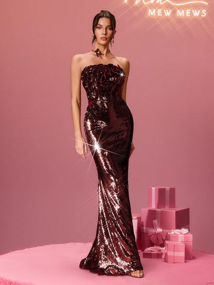 Vexora Strapless Sequin Petal Maxi Dress