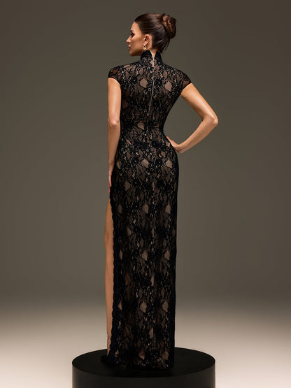 Vexorin High Neck Lace Split Maxi Dress