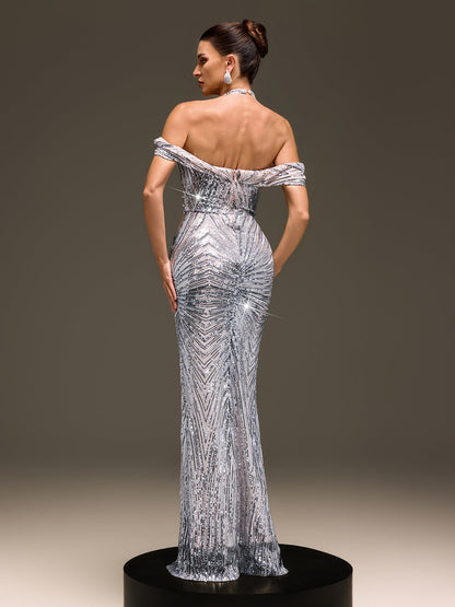 Veylith Halterneck Sequin Split Dress