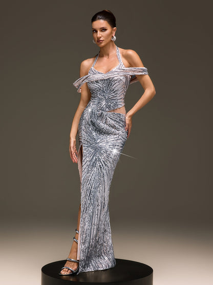 Veylith Halterneck Sequin Split Dress