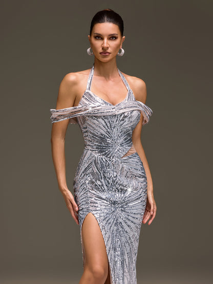 Veylith Halterneck Sequin Split Dress