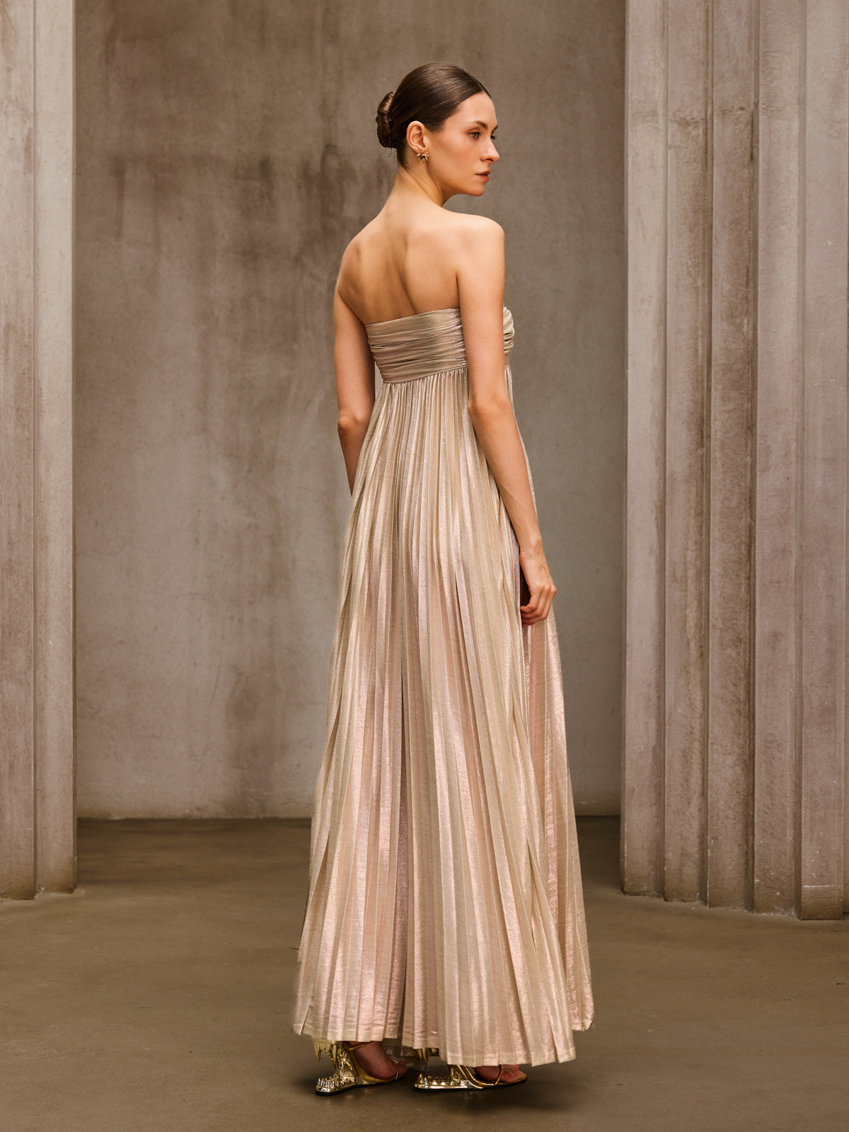 Voidsphere Strapless Pleated Metallic Maxi Dress In Beige