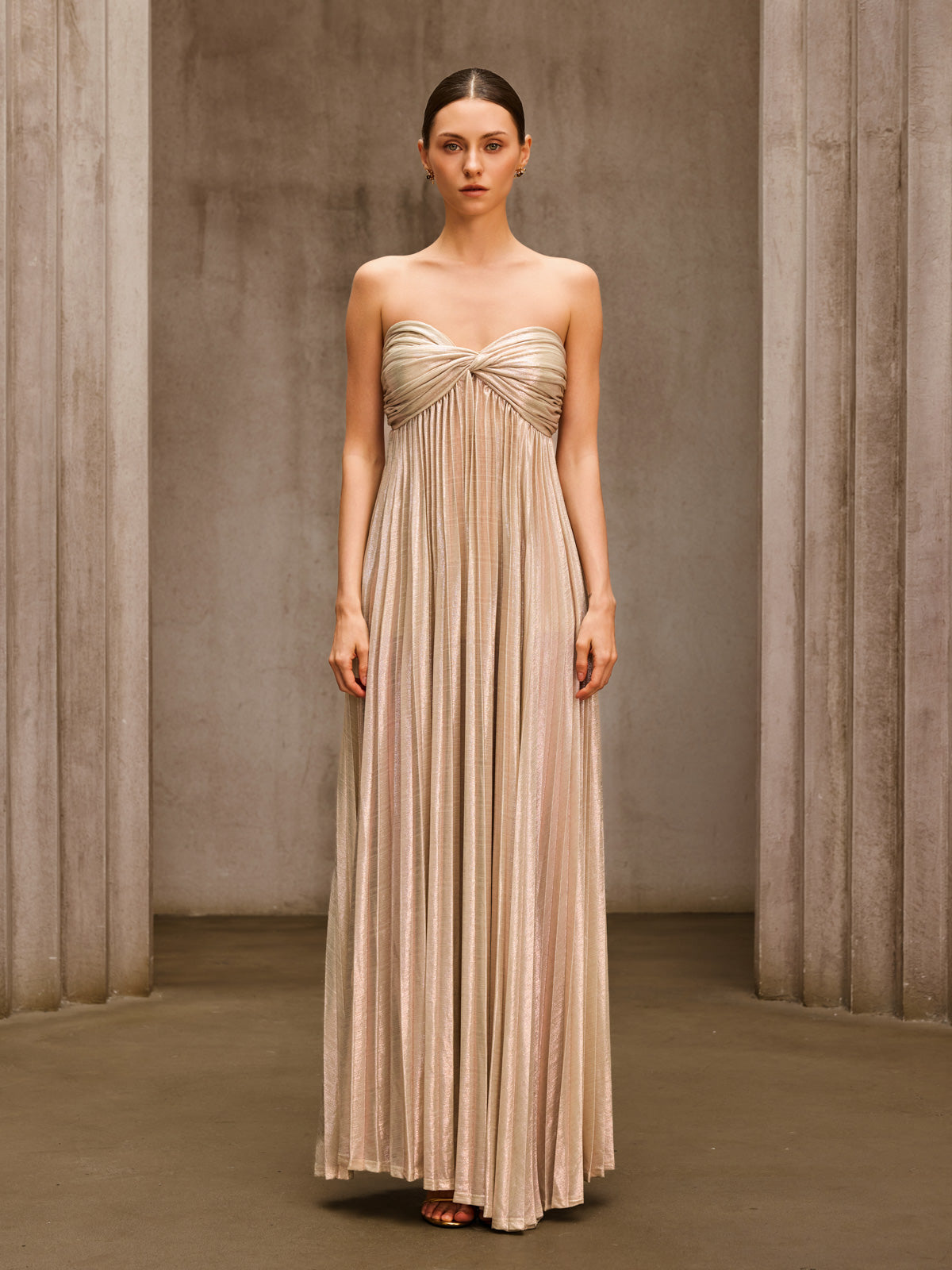 Voidsphere Strapless Pleated Metallic Maxi Dress In Beige