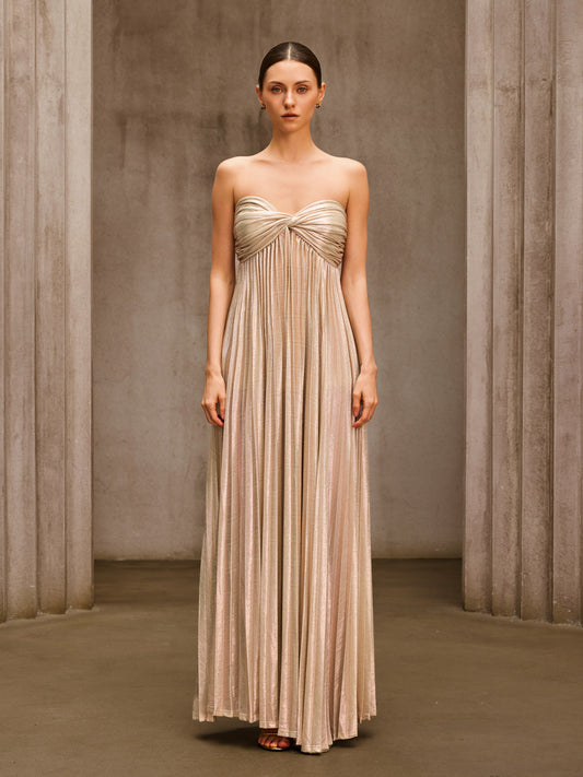 Rosstef Voidsphere Strapless Pleated Metallic Maxi Dress