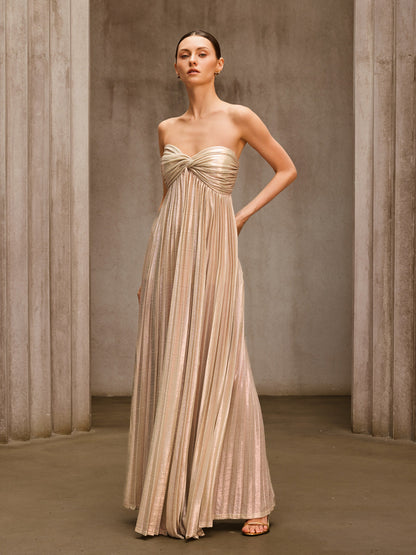 Voidsphere Strapless Pleated Metallic Maxi Dress In Beige