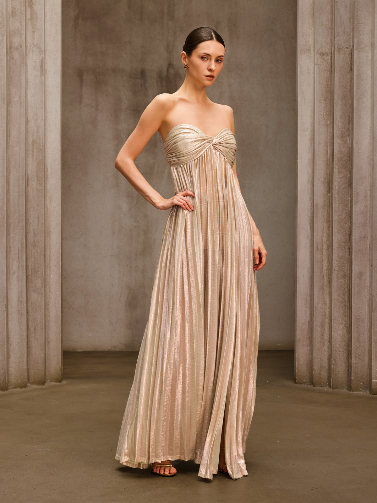 Voidsphere Strapless Pleated Metallic Maxi Dress In Beige
