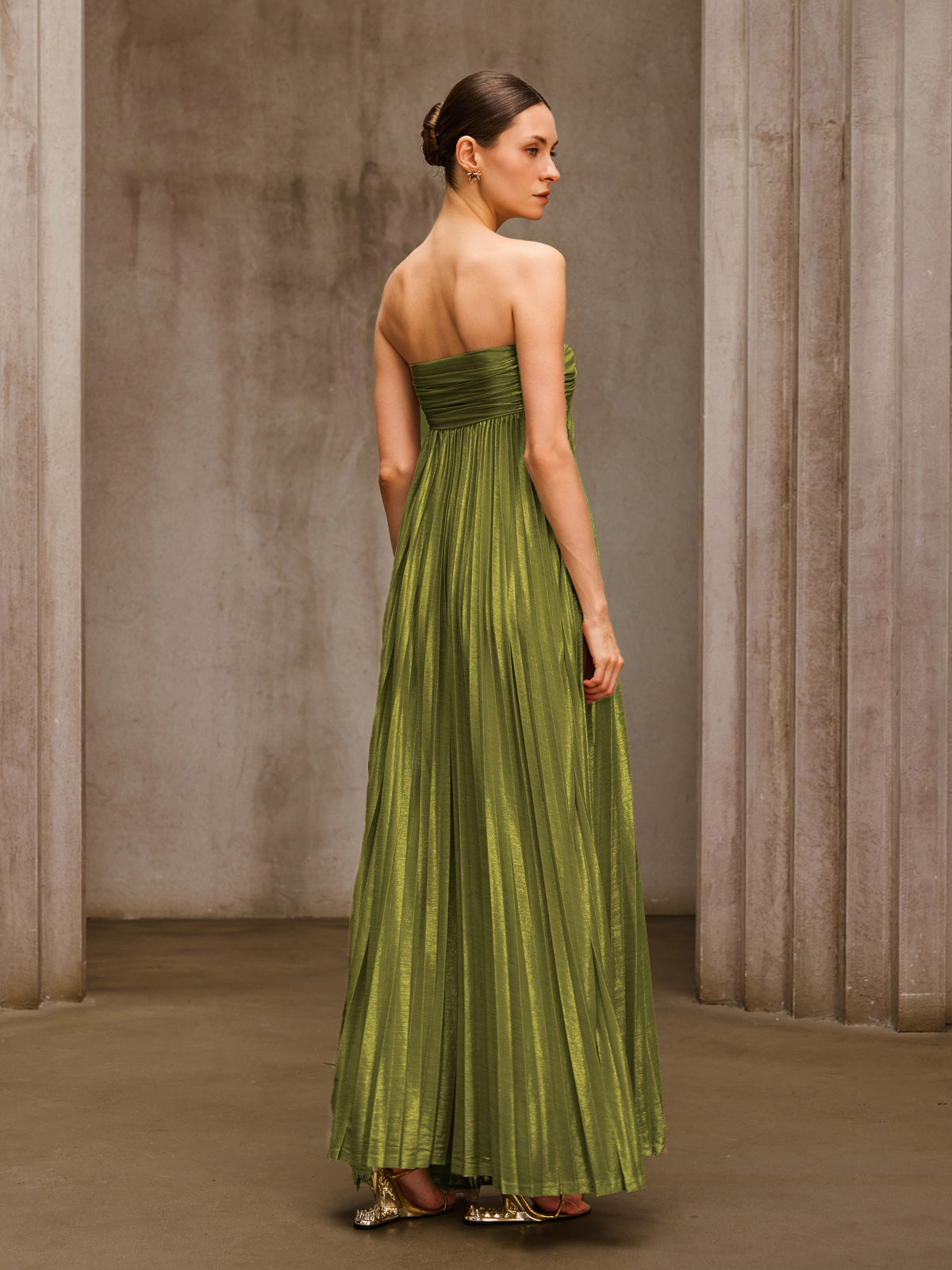 Voidsphere Strapless Pleated Metallic Maxi Dress In Olive