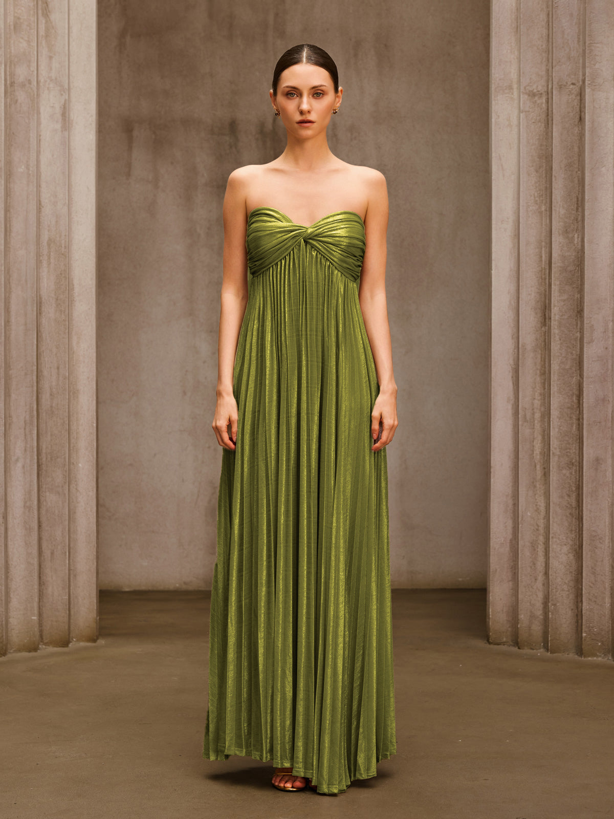 Voidsphere Strapless Pleated Metallic Maxi Dress In Olive