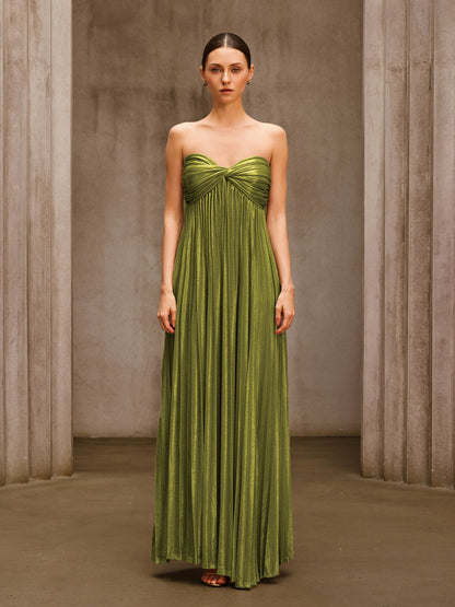 Voidsphere Strapless Pleated Metallic Maxi Dress In Olive