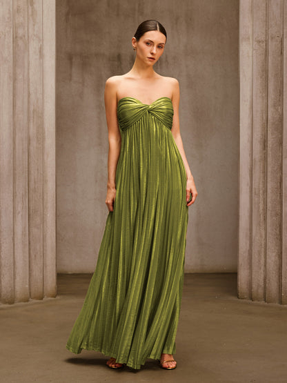 Voidsphere Strapless Pleated Metallic Maxi Dress In Olive