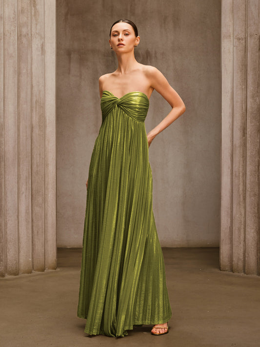 Voidsphere Strapless Pleated Metallic Maxi Dress In Olive