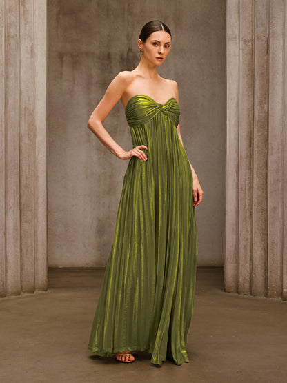 Voidsphere Strapless Pleated Metallic Maxi Dress In Olive