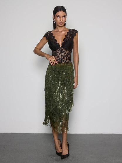 Vynell Fringe Sequin Skirt