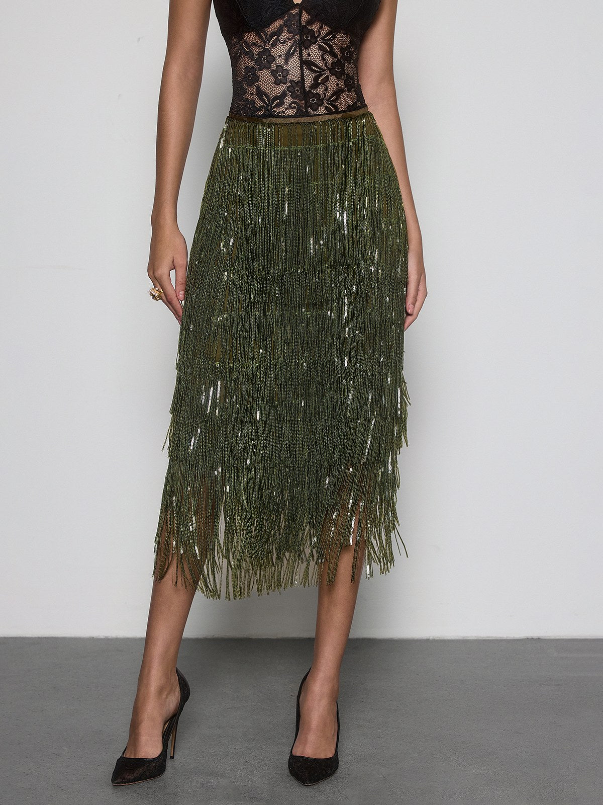 Vynell Fringe Sequin Skirt
