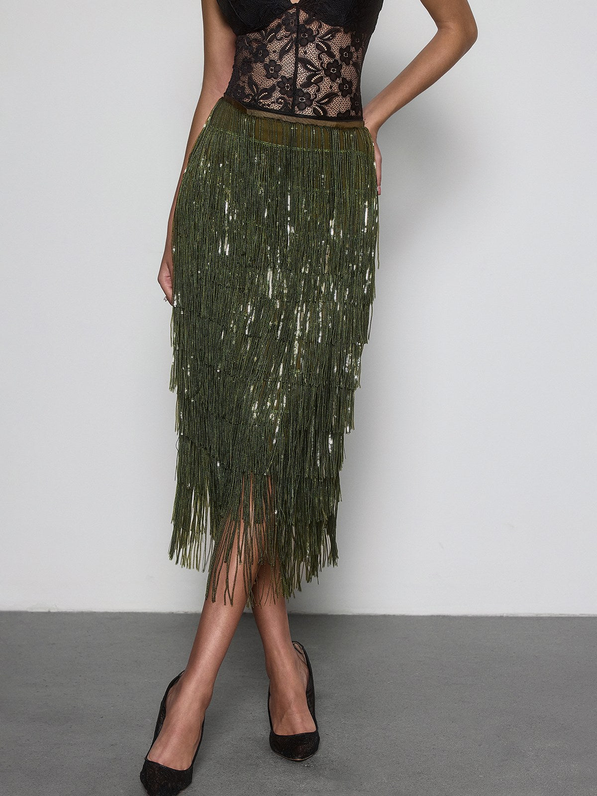 Vynell Fringe Sequin Skirt