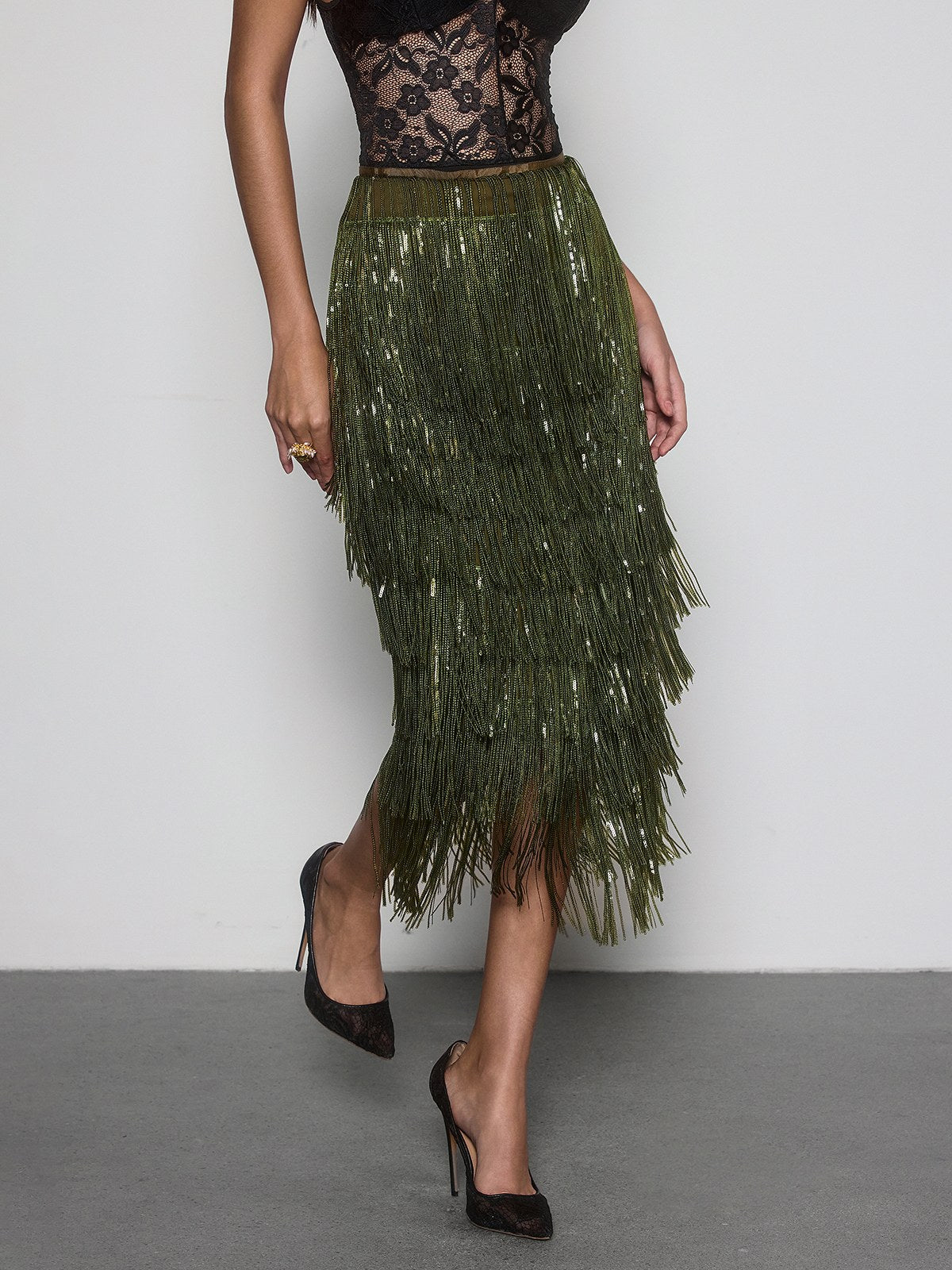 Vynell Fringe Sequin Skirt