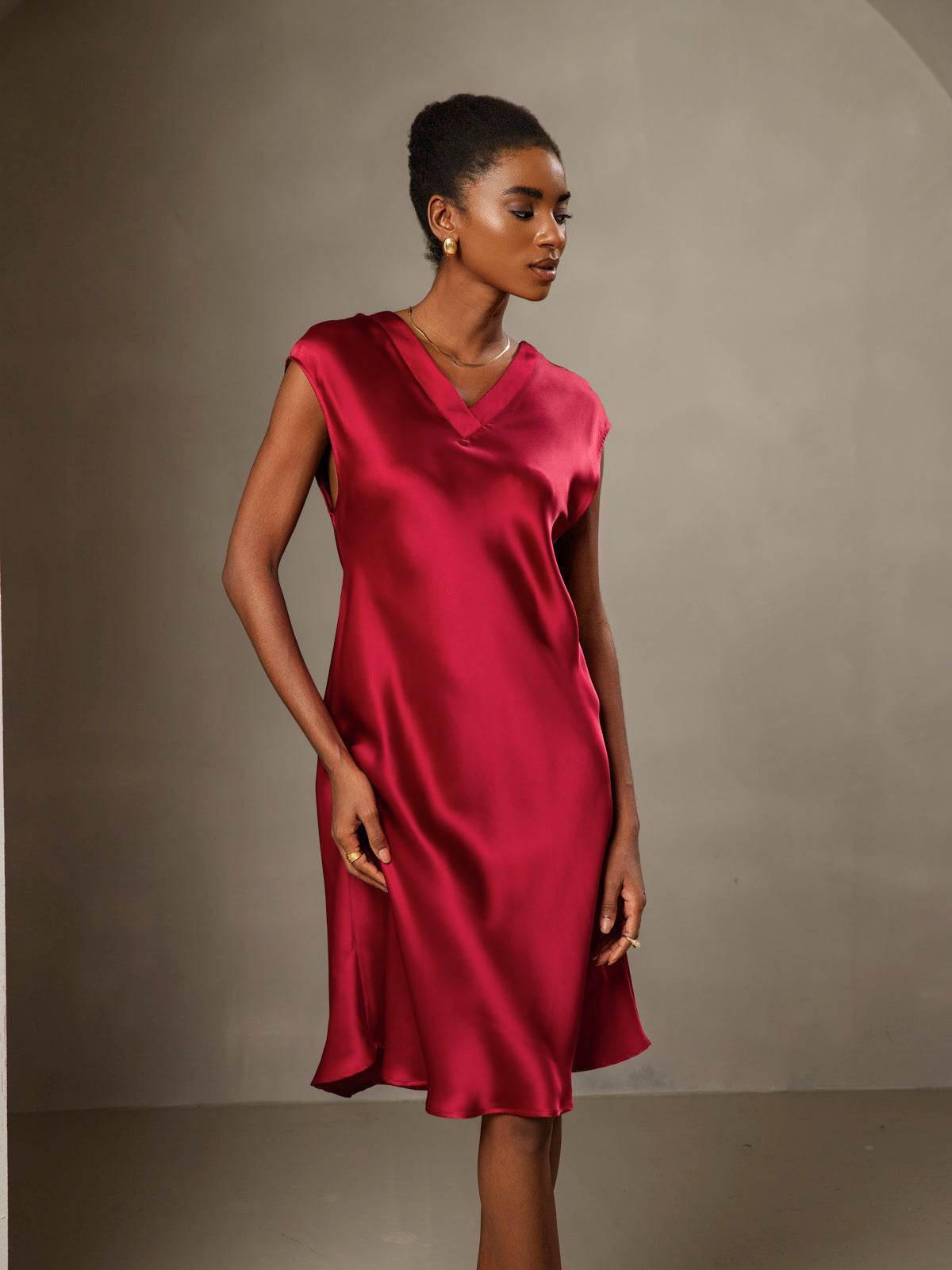 Rosstef 100% Mulberry Silk Cap Sleeve V Neck Dresses