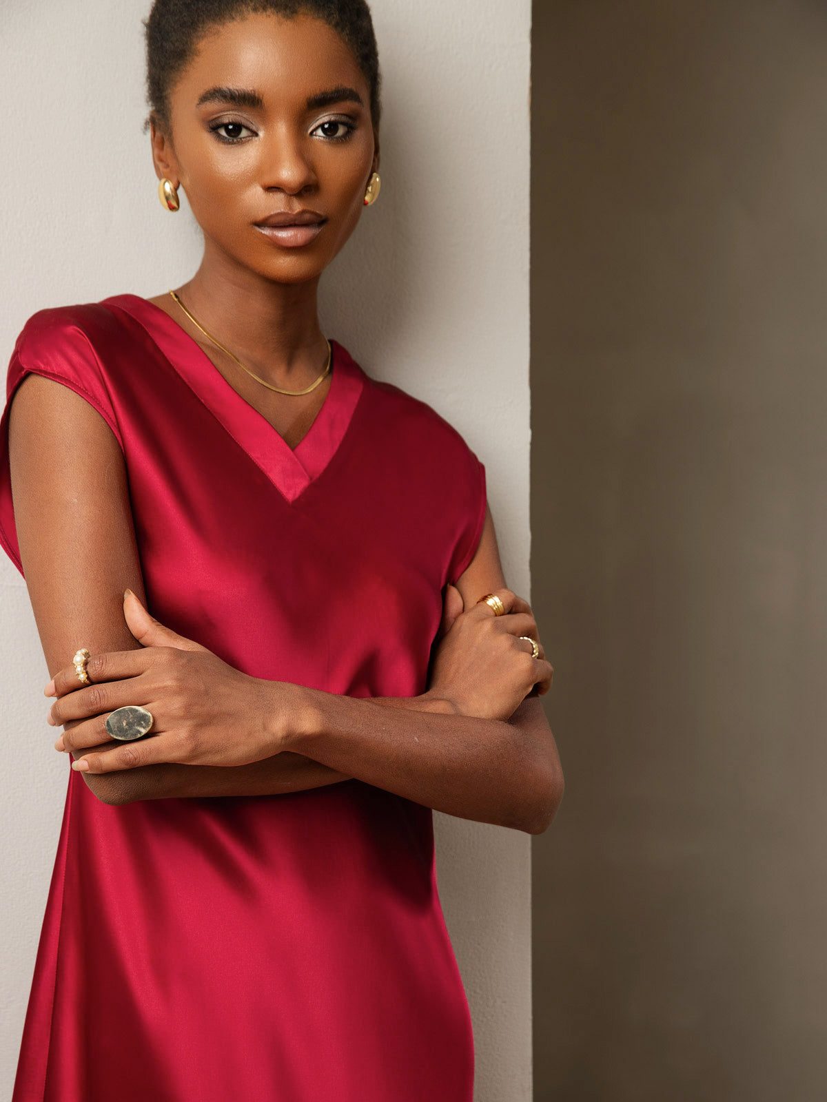 Rosstef 100% Mulberry Silk Cap Sleeve V Neck Dresses