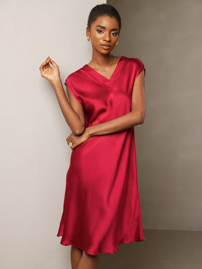 Rosstef 100% Mulberry Silk Cap Sleeve V Neck Dresses
