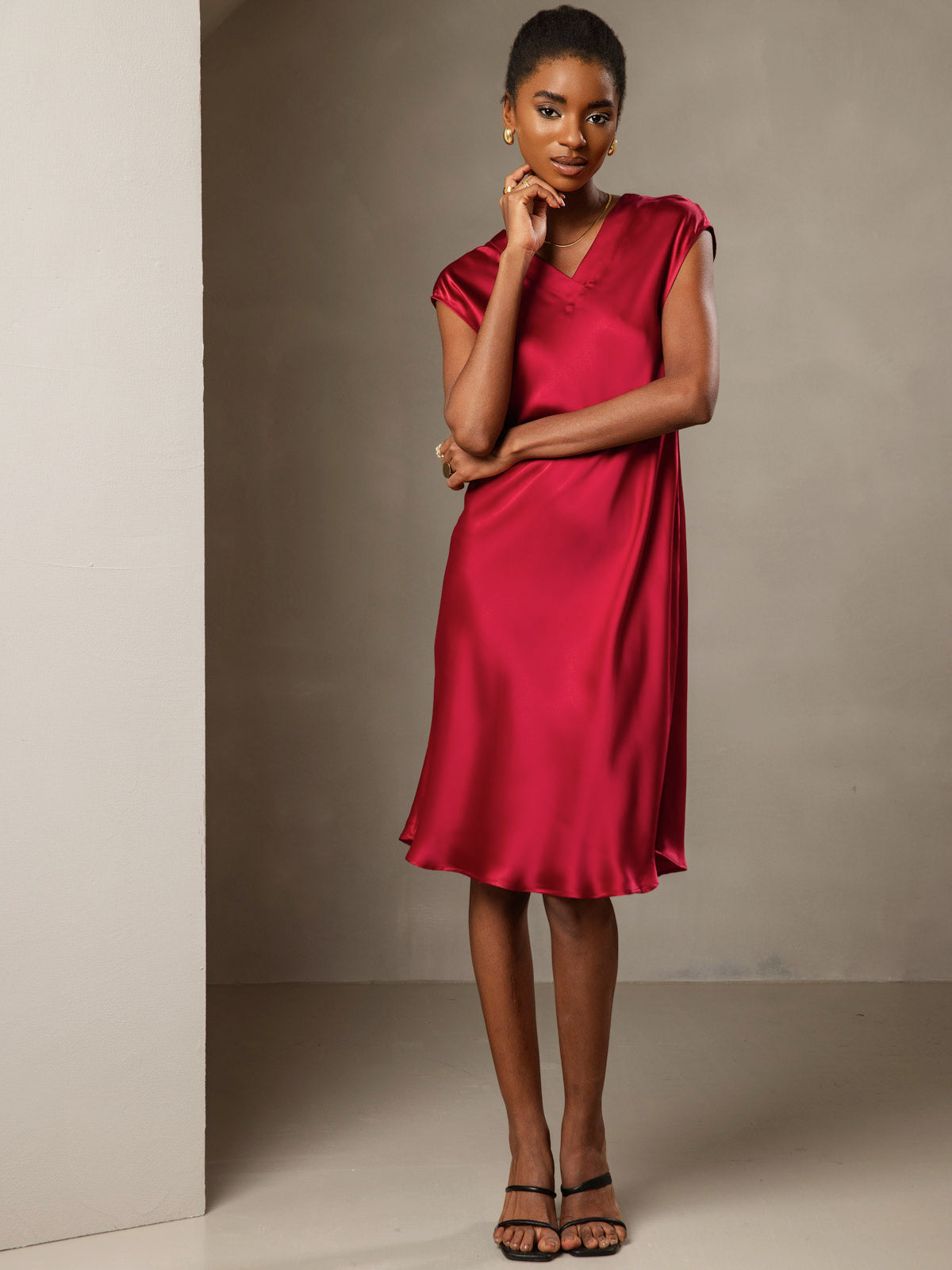 Rosstef 100% Mulberry Silk Cap Sleeve V Neck Dresses