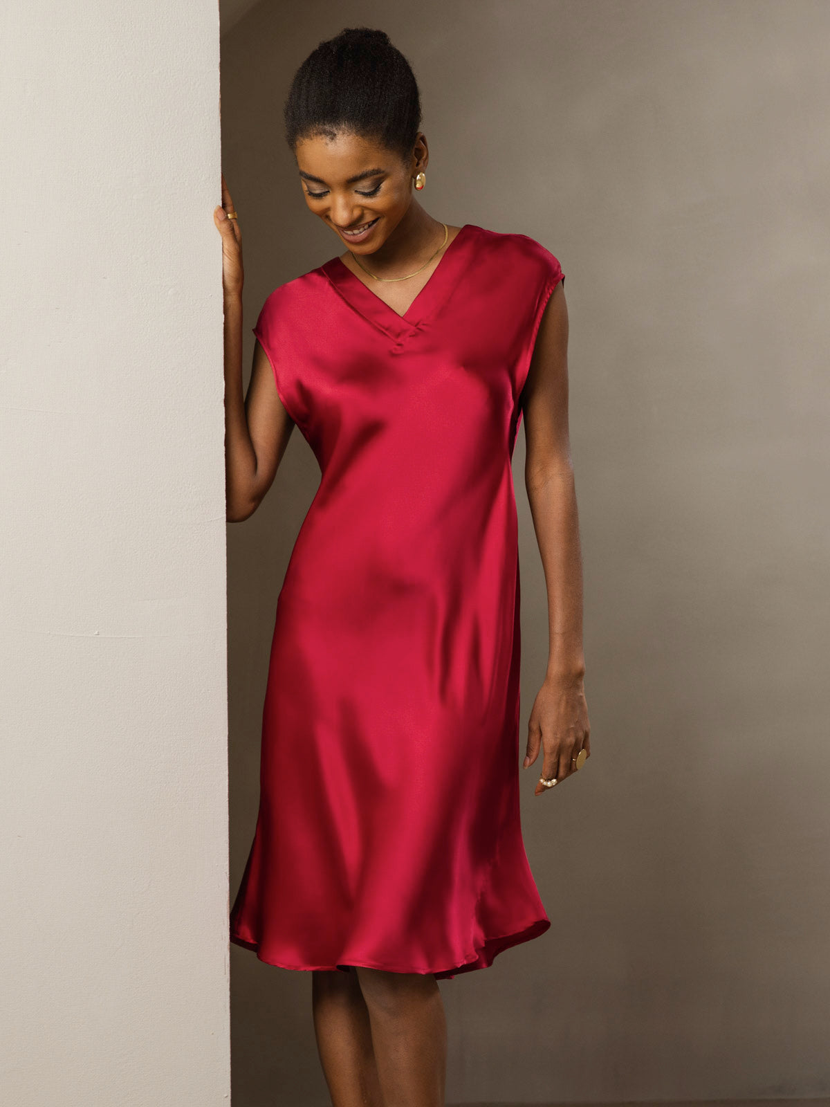 Rosstef 100% Mulberry Silk Cap Sleeve V Neck Dresses