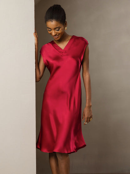Rosstef 100% Mulberry Silk Cap Sleeve V Neck Dresses