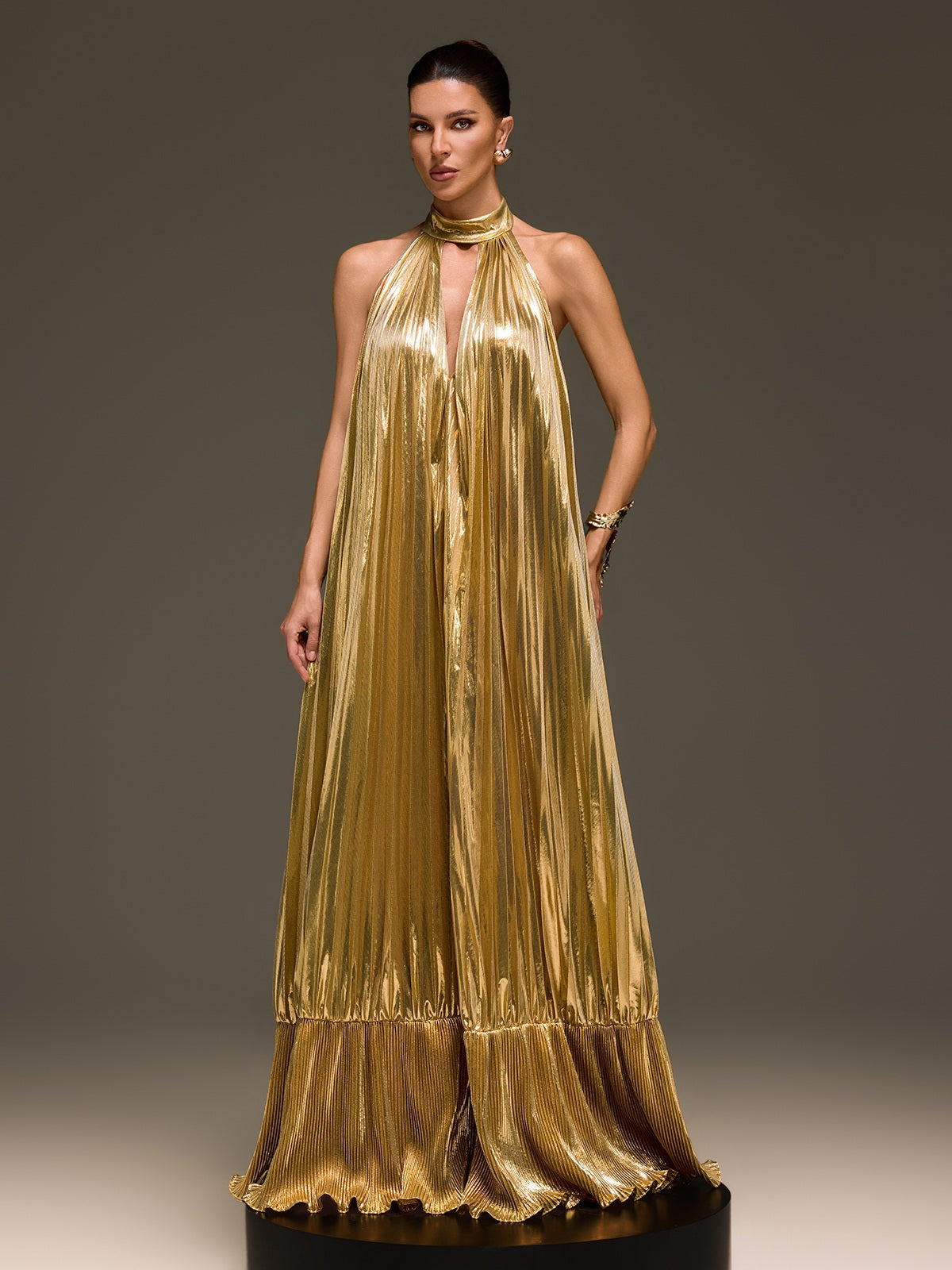 Wylith Plunge Neck Pleated Metallic Maxi Dress In Gold