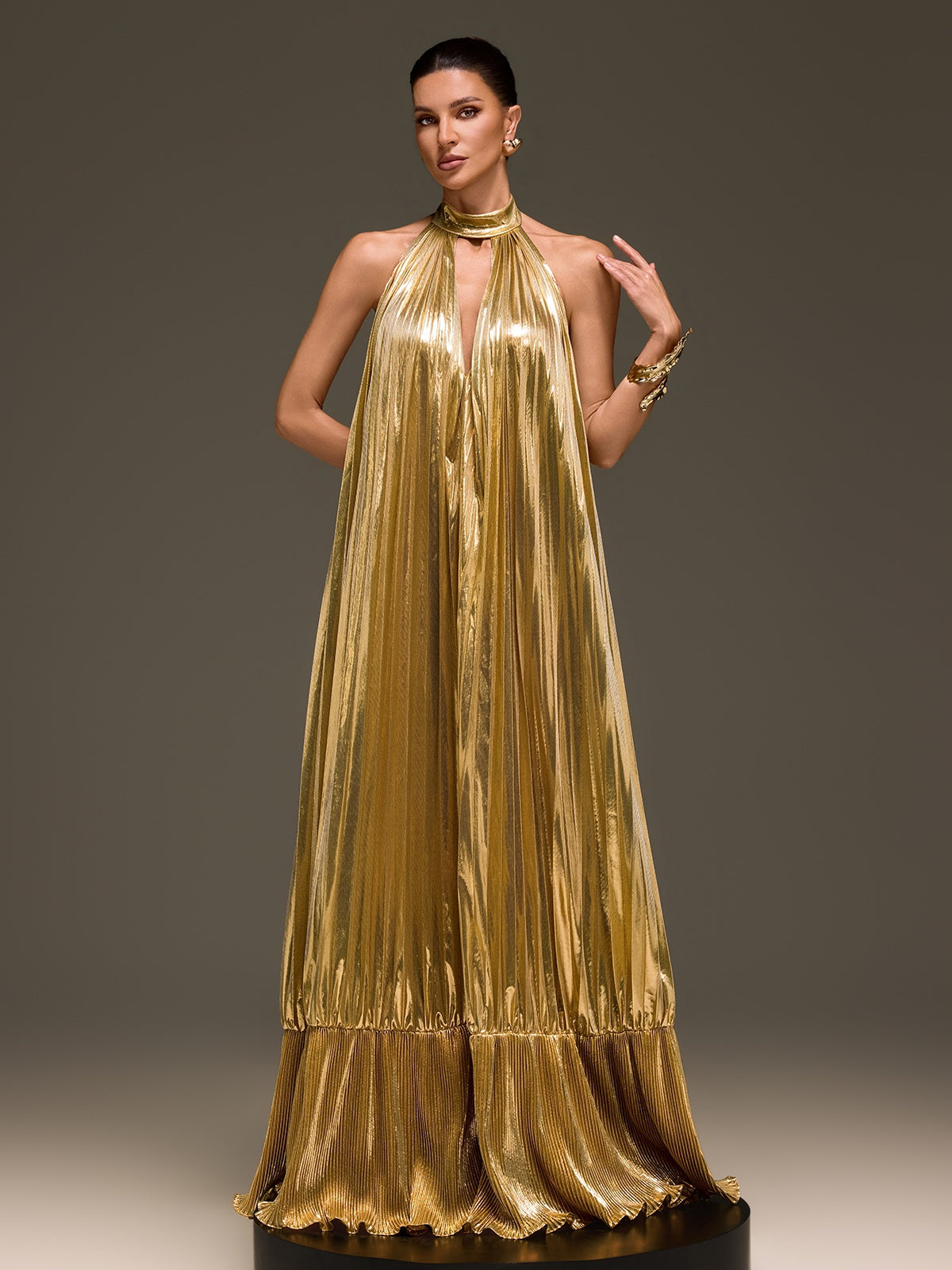Wylith Plunge Neck Pleated Metallic Maxi Dress In Gold