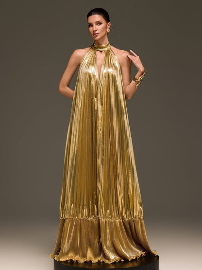 Wylith Plunge Neck Pleated Metallic Maxi Dress In Gold