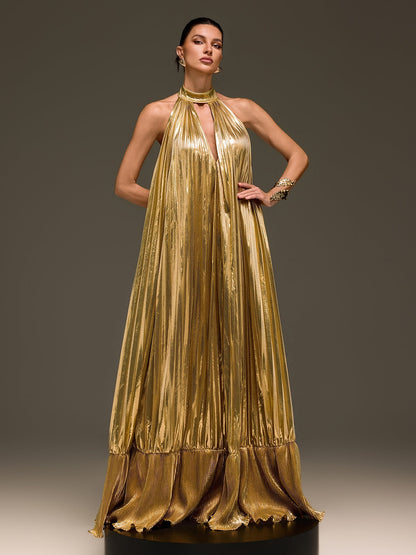 Wylith Plunge Neck Pleated Metallic Maxi Dress In Gold