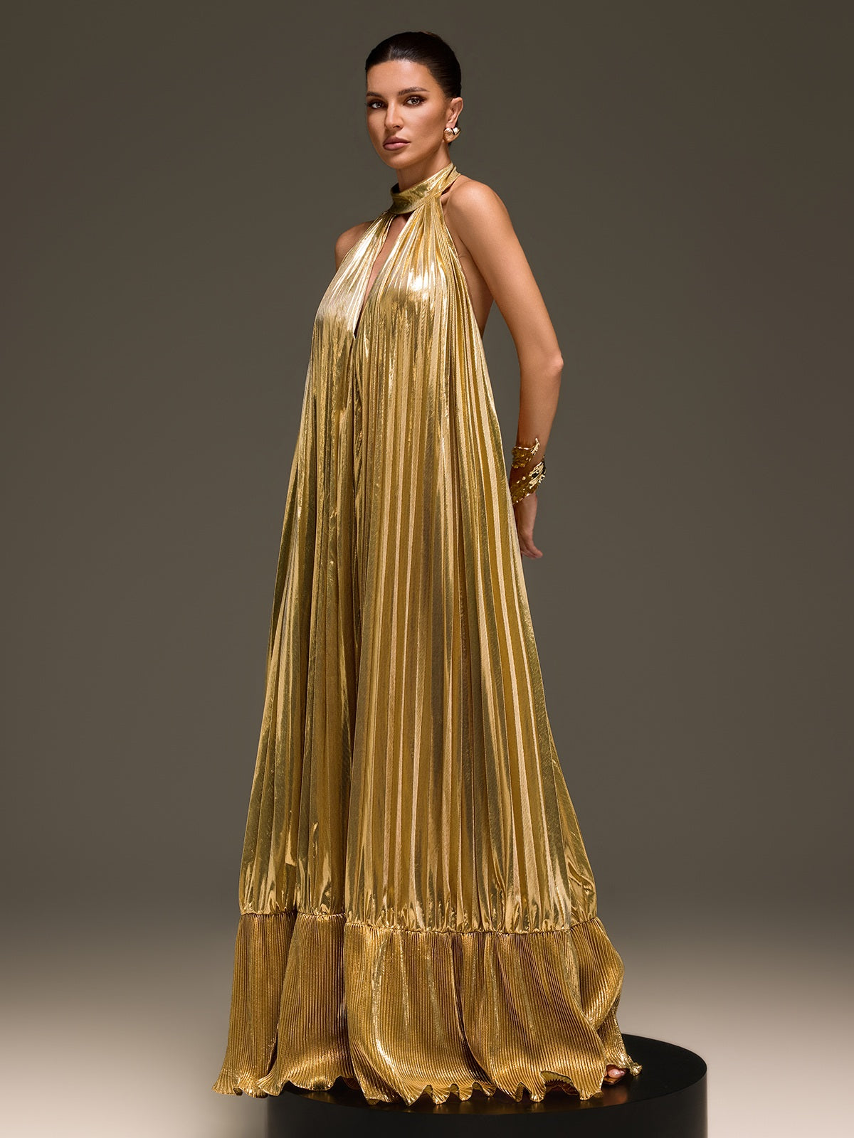 Wylith Plunge Neck Pleated Metallic Maxi Dress In Gold