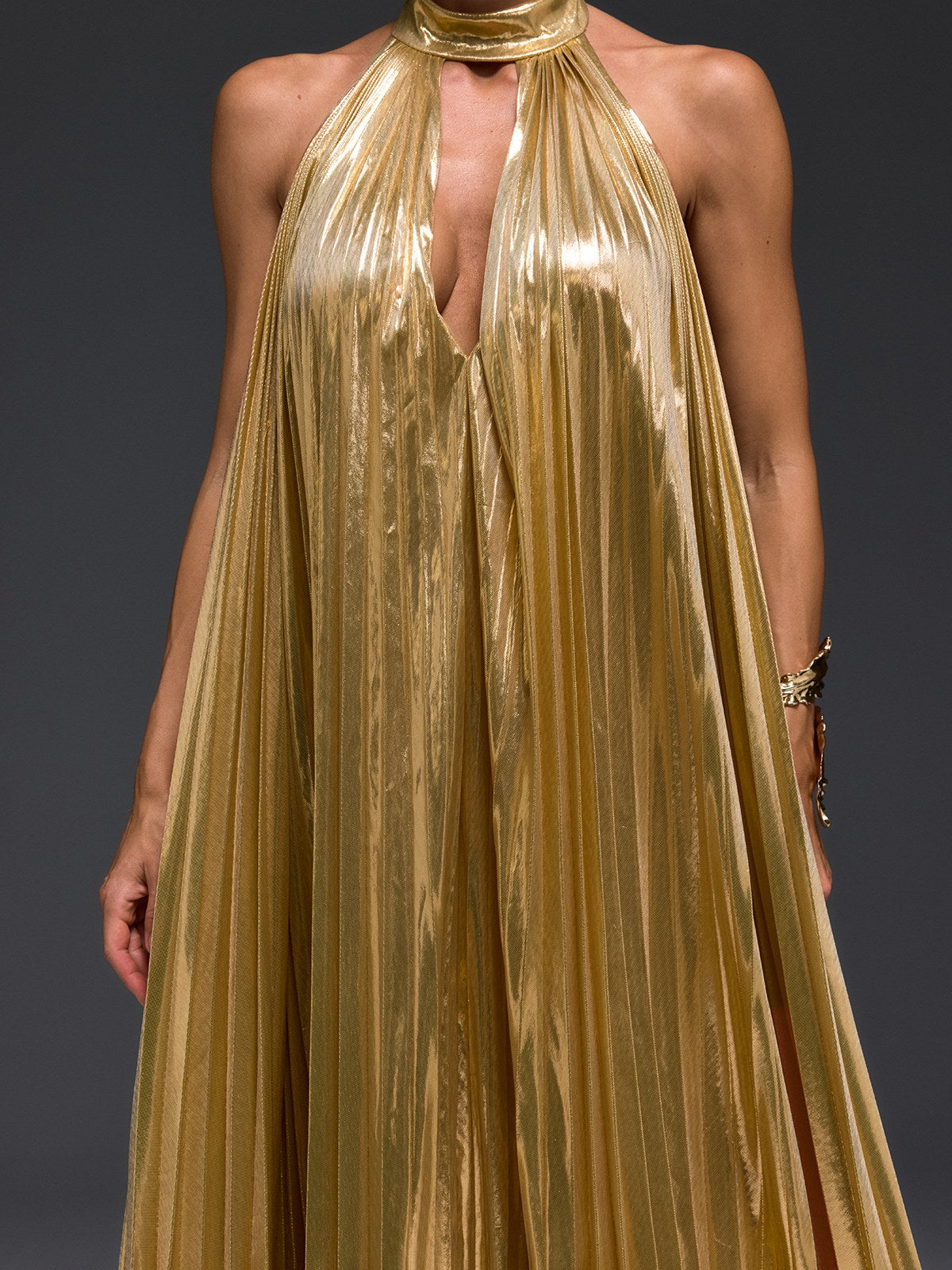 Wylith Plunge Neck Pleated Metallic Maxi Dress In Gold