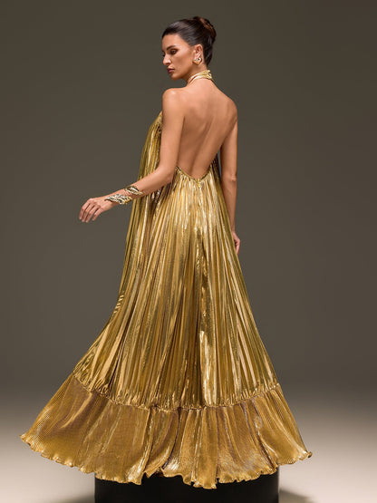 Wylith Plunge Neck Pleated Metallic Maxi Dress In Gold