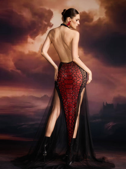 Wyndoric Halterneck Rhinestone Printed Maxi Dress