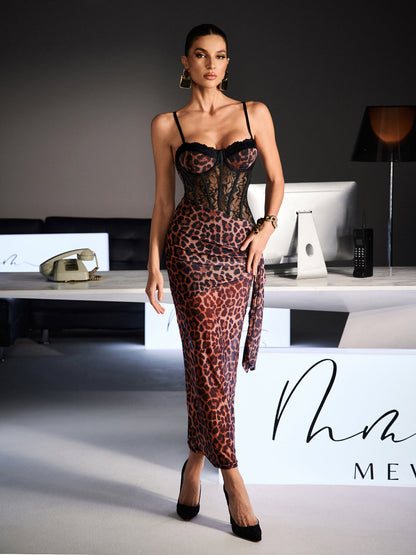 Rosstef Leopard Print Lace Maxi Dress