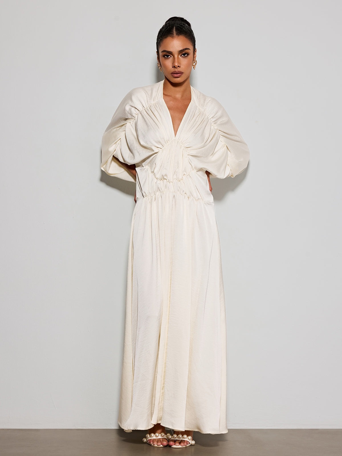 Xavethric Bat Sleeve Ruched Maxi Dress
