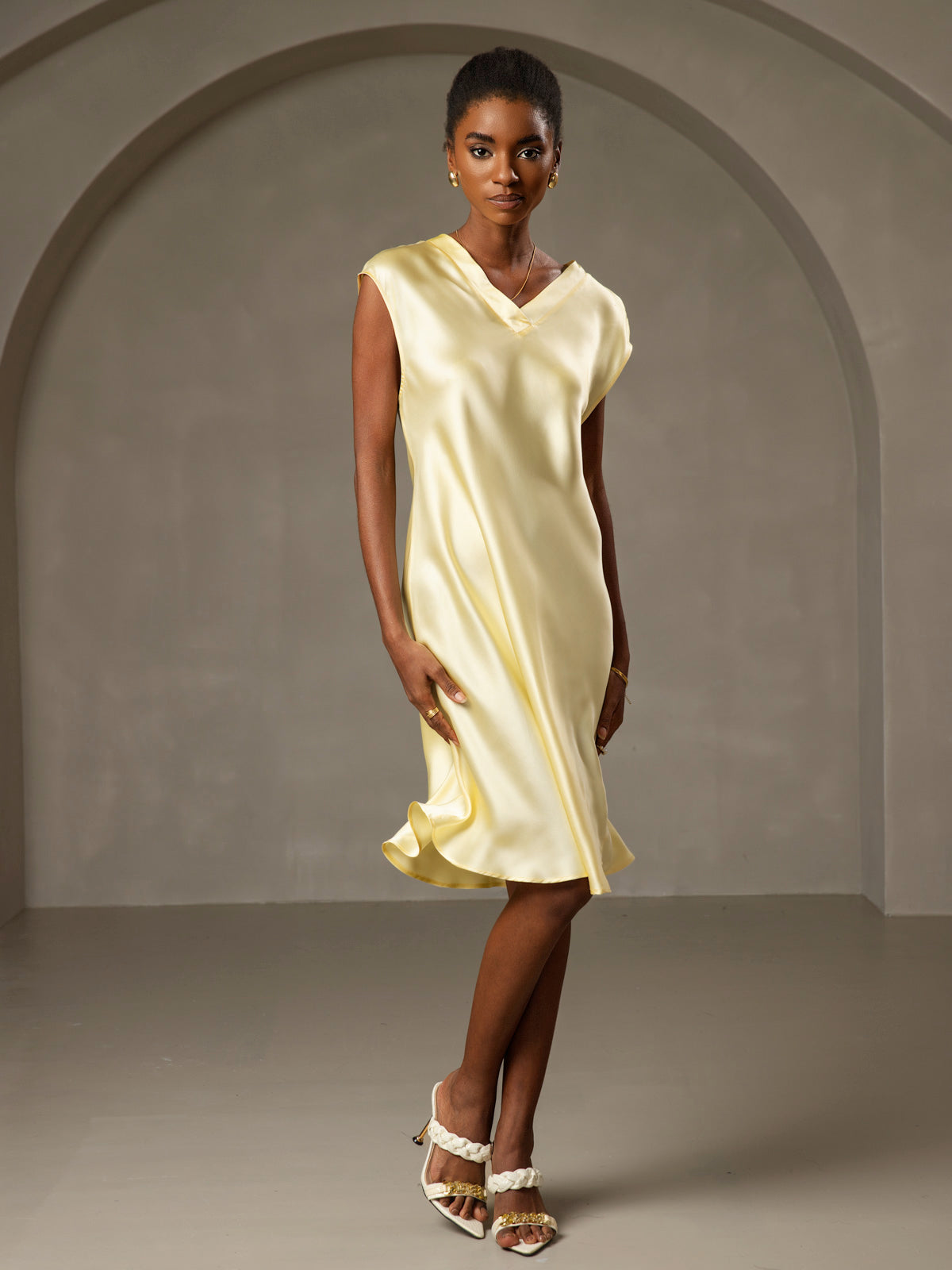 Rosstef 100% Mulberry Silk Cap Sleeve V Neck Dresses
