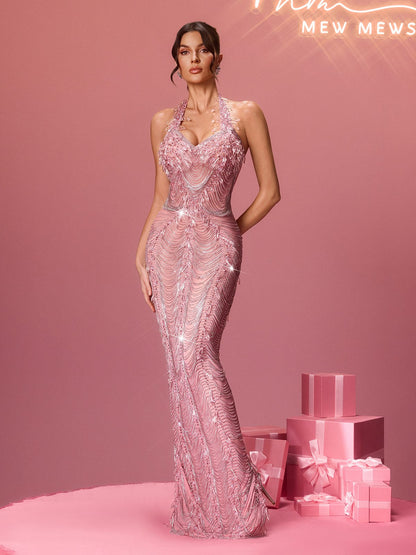 Misael Halterneck Chain Fringe Maxi Dress