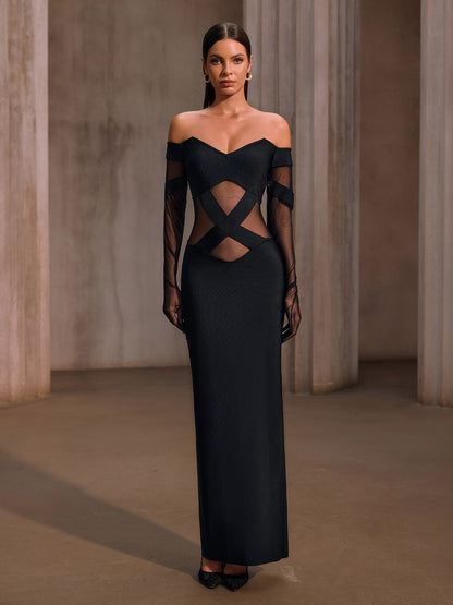 Rosstef Off Shoulder Mesh Bandage Maxi Dress