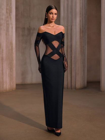 Rosstef Off Shoulder Mesh Bandage Maxi Dress
