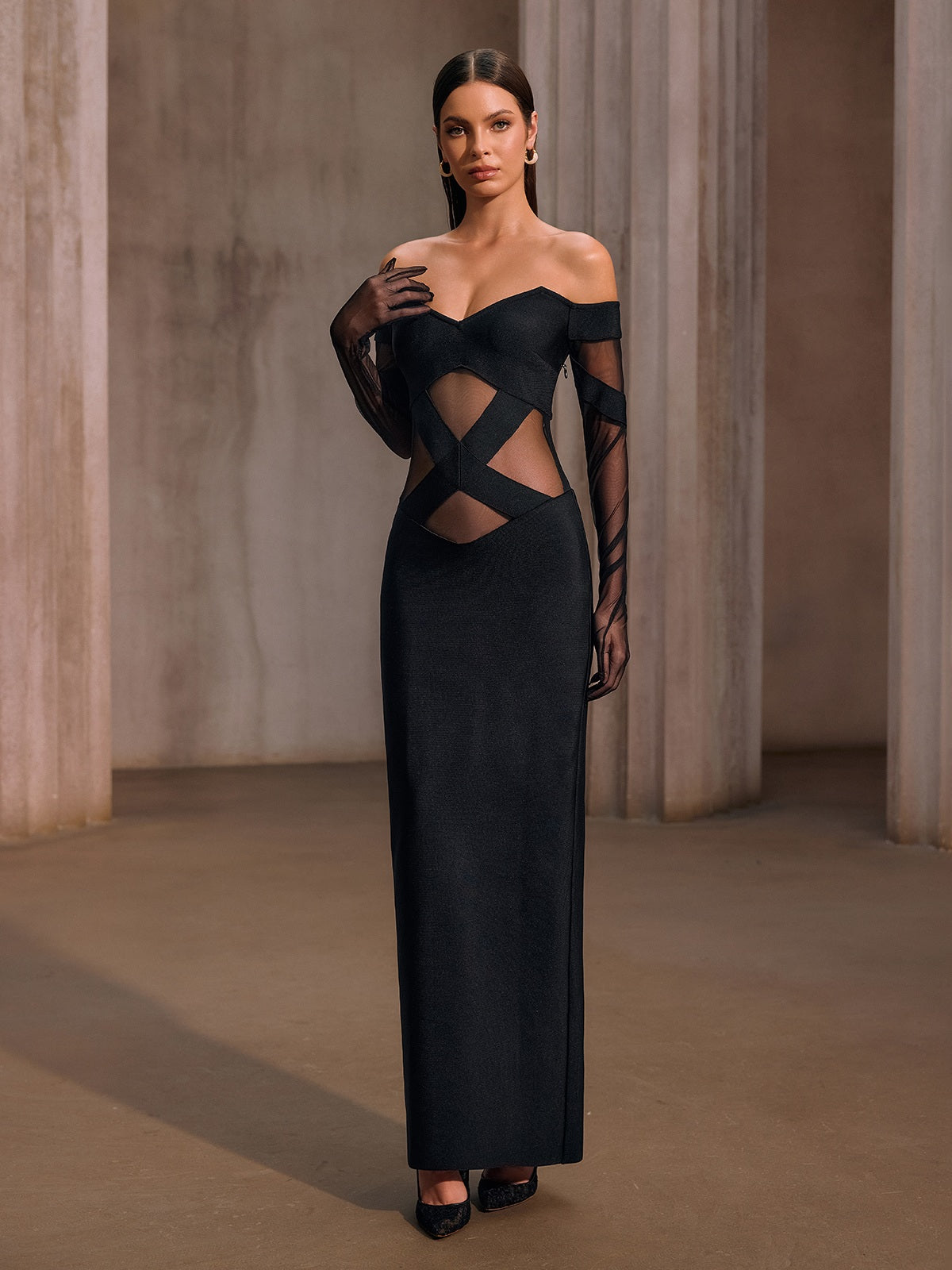 Rosstef Off Shoulder Mesh Bandage Maxi Dress