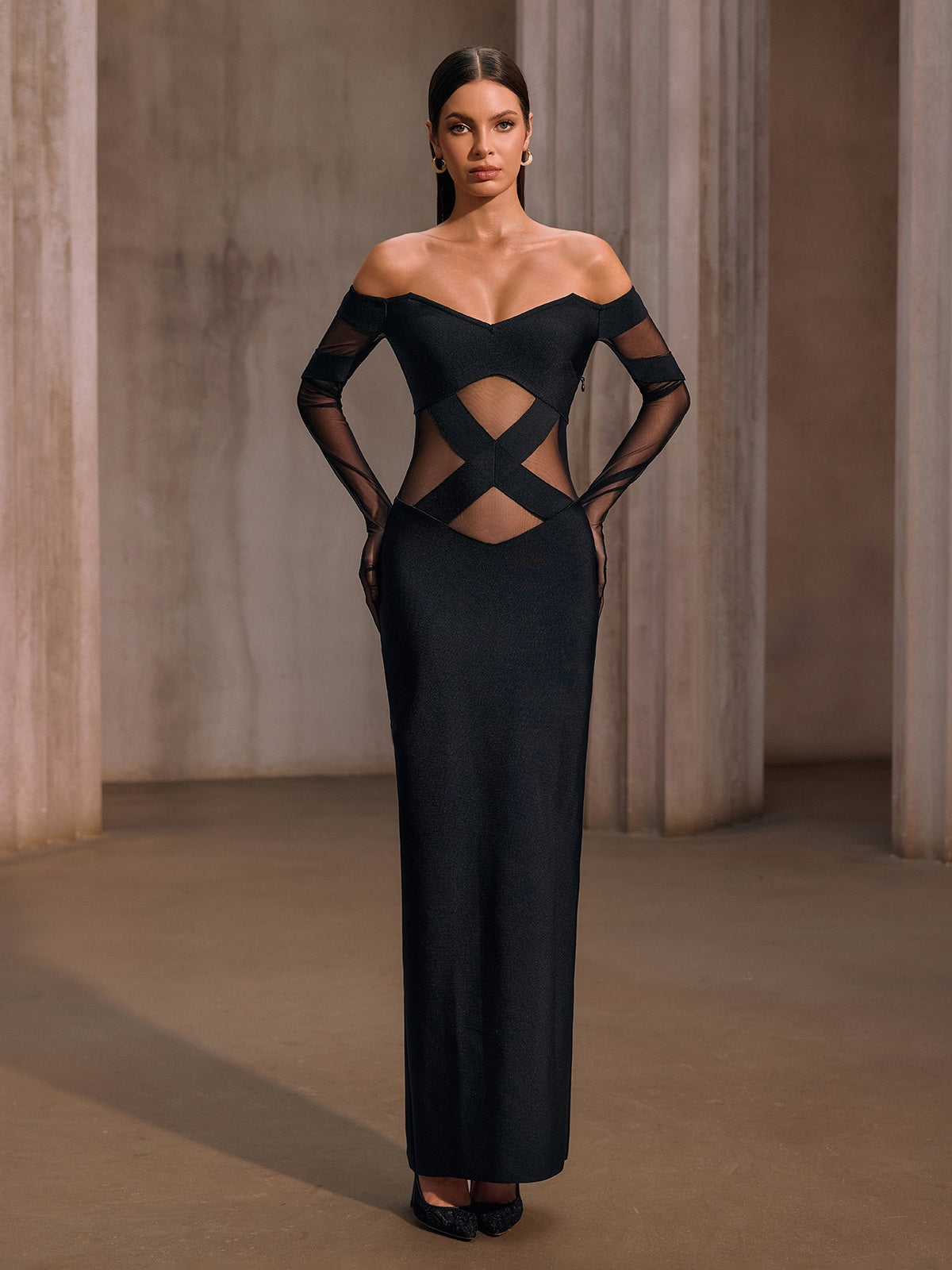 Rosstef Off Shoulder Mesh Bandage Maxi Dress