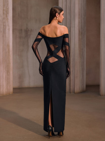 Rosstef Off Shoulder Mesh Bandage Maxi Dress