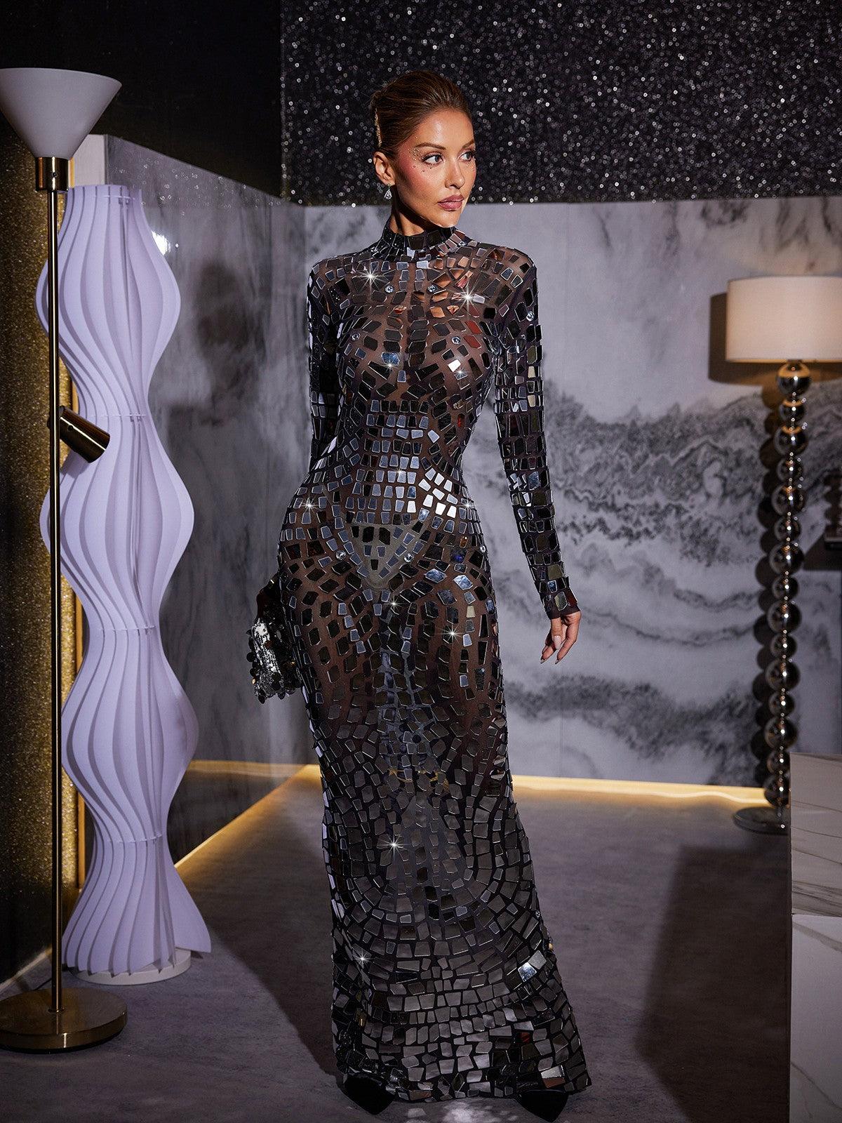 Rosstef Zain Long Sleeve Acrylic Mesh Maxi Dress