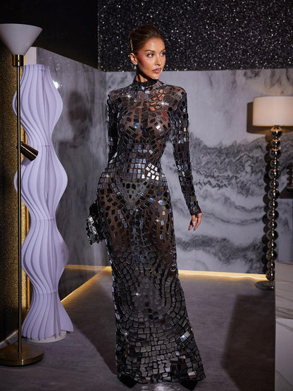 Rosstef Zain Long Sleeve Acrylic Mesh Maxi Dress